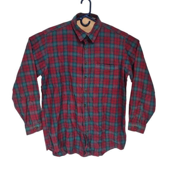L.L.Bean Mens Button Up Shirt Tall Size L Flannel Green Red Long Sleeve  174P - Picture 1 of 4